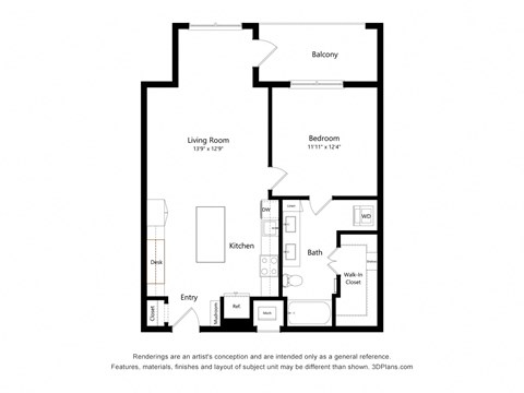 Floor plan for 1 bed, 1 bath, 815 sqft